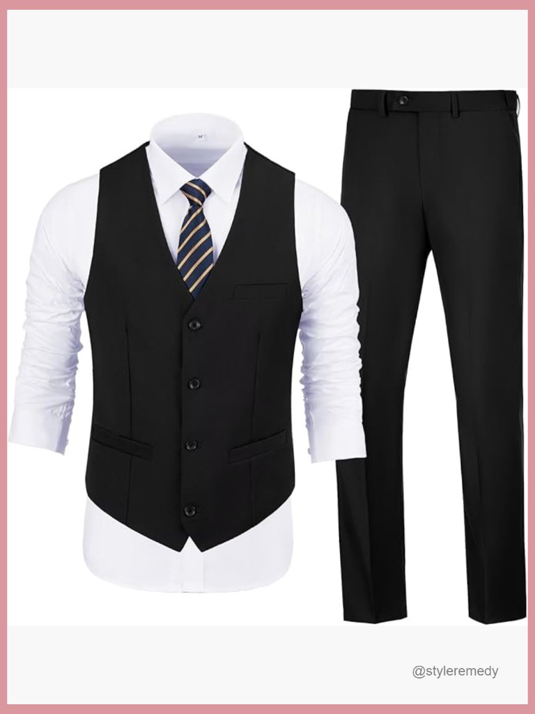 2 Piece Slim Fit Suit Set With Vest And Pants, Polyester Viscose Blend